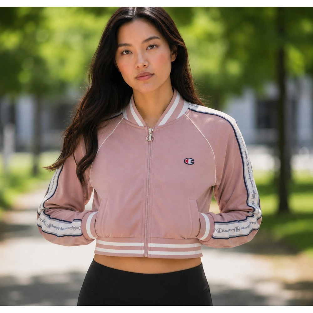 Champion Womens Cropped Track Jacket Pink Logo Tape Full Zip XS